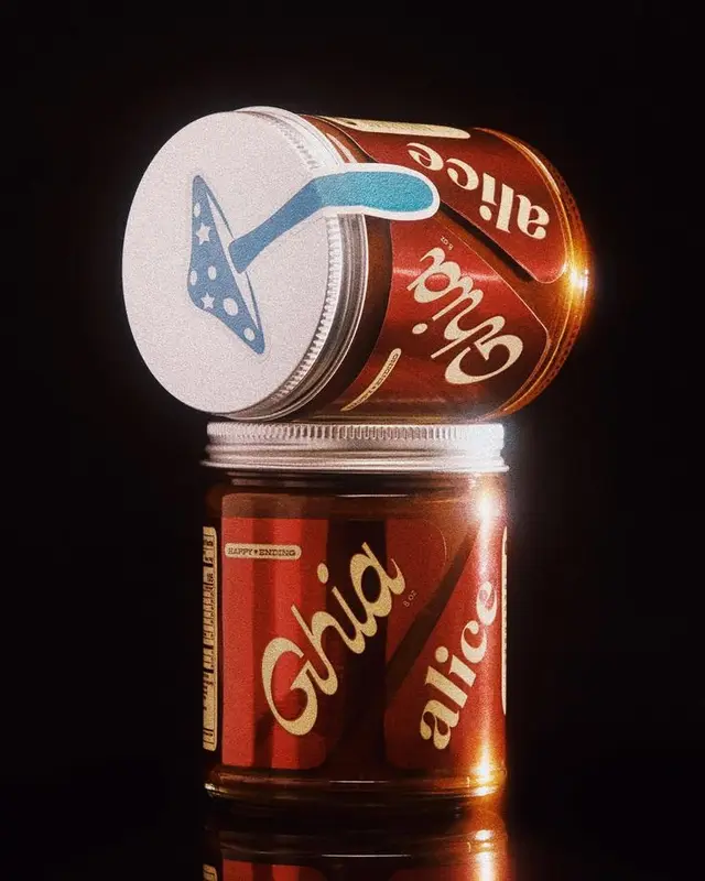 Stacked 'Ghia alice' amber glass jars — retro product packaging photo