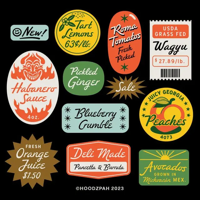 Retro food & produce label stickers (vintage badge set)