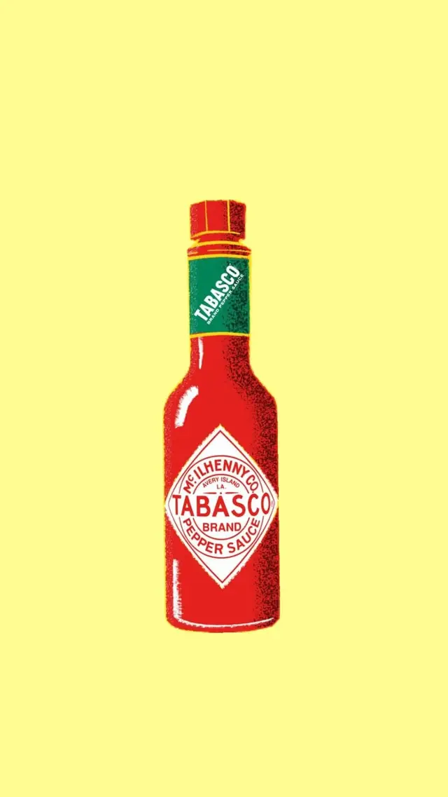 Red Tabasco pepper sauce bottle illustration on pale yellow background