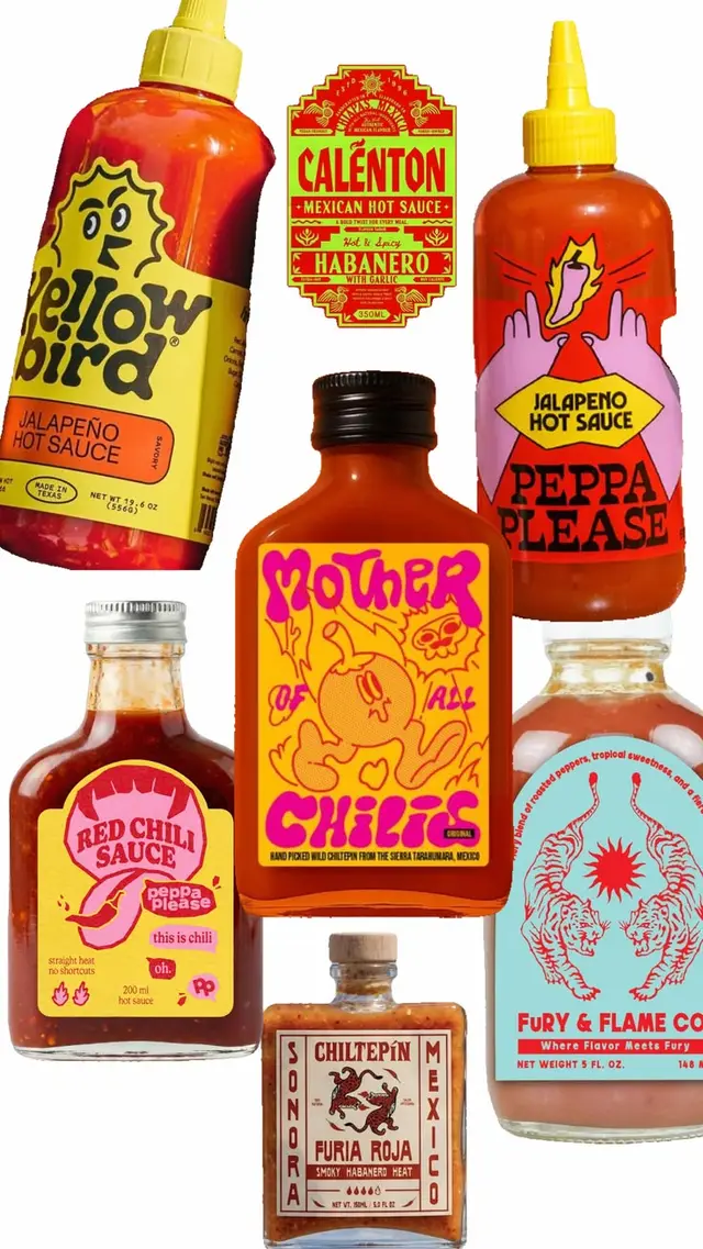 Collage of seven hot sauce bottles with illustrated labels
