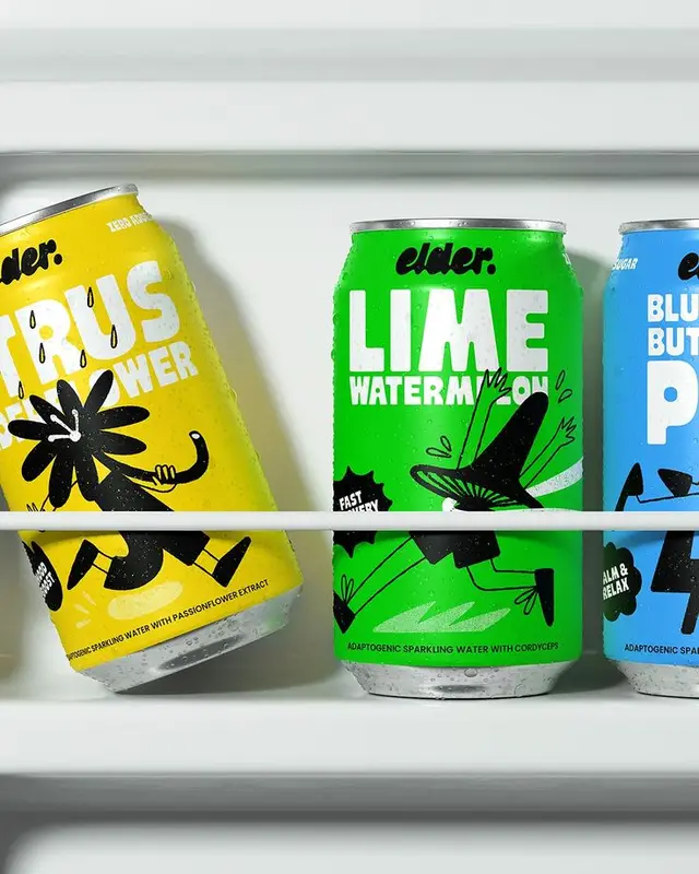 Elder. Lime Watermelon sparkling can on fridge shelf