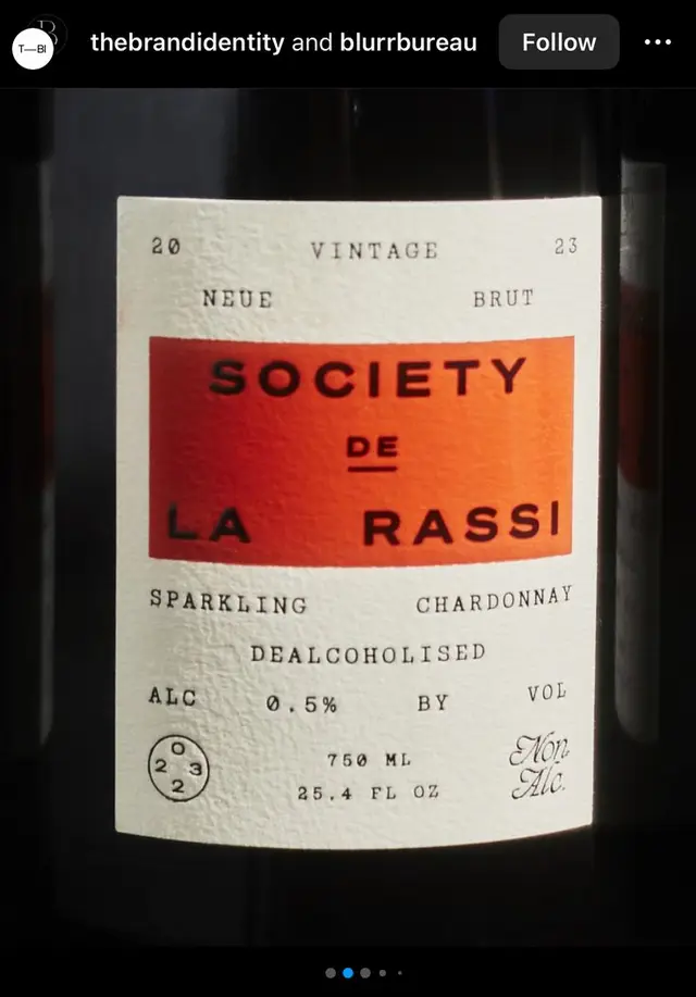 Minimalist typographic wine label — 'SOCIETY DE LA RASSI' de‑alcoholised sparkling