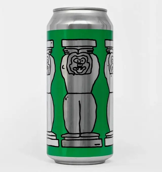 Green wraparound can label with stylized vase motif