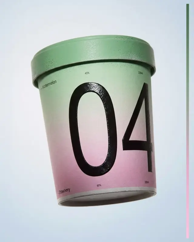 Pastel gradient ice cream pint packaging with large '04' numeral