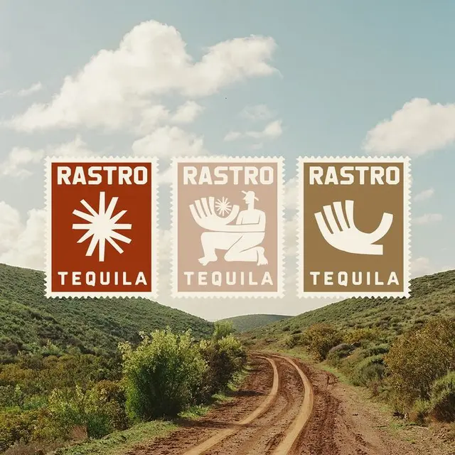 Three vintage-style RASTRO TEQUILA stamp logos over rural dirt road