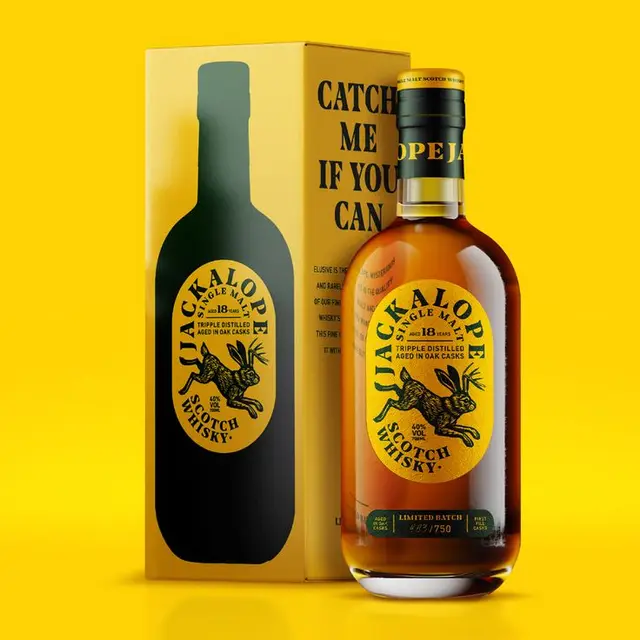 Jackalope Single Malt Scotch Whisky bottle with yellow packaging