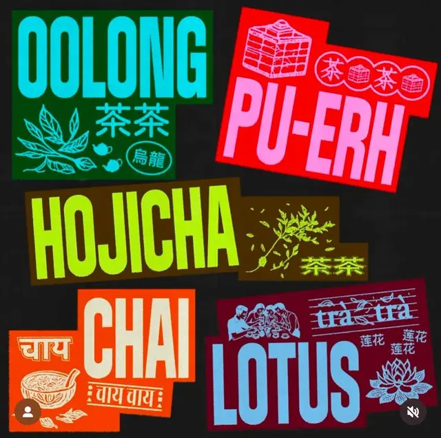 Sticker-style tea variety labels: OOLONG, PU-ERH, HOJICHA, CHAI, LOTUS