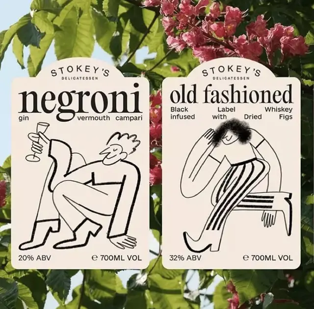 Scalloped cocktail labels: Negroni & Old Fashioned for 'Stokey's Delicatessen'