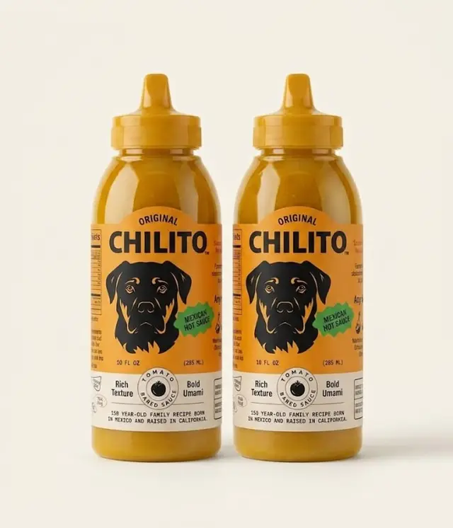 Chilito Original Mexican Hot Sauce — two 10 fl oz squeeze bottles with black dog logo