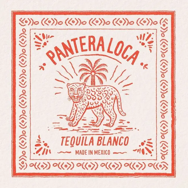 Pantera Loca Tequila Blanco label — orange letterpress-style leopard illustration