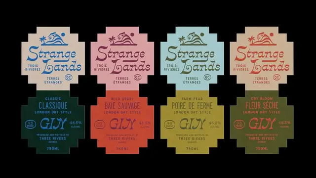 Strange Lands gin label set — four die-cut tropical variants (Classic, Wild Berry, Farm P​