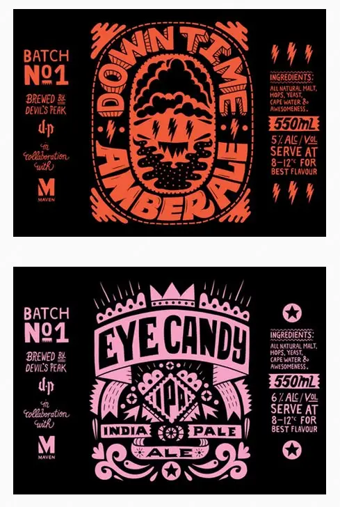 Craft beer labels — "Down Time Amber Ale" and "Eye Candy" IPA two-color typographic labels