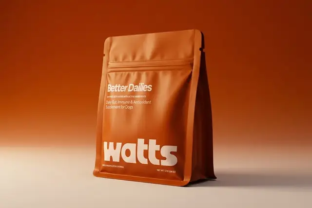 Watts 'Better Dailies' orange stand-up pouch — pet supplement packaging