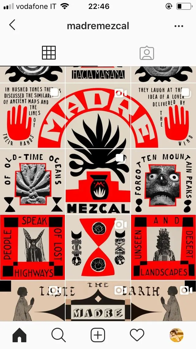 madremezcal Instagram grid — red & black mezcal poster tiles