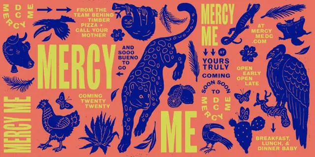 MERCY ME — coral poster with navy tropical animal illustrations