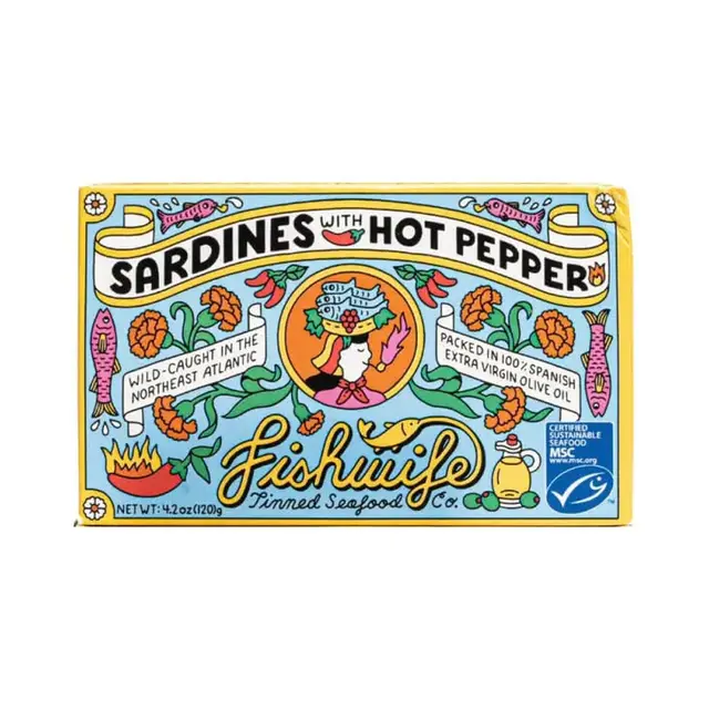 Fishwife Sardines with Hot Pepper — vintage-style tin packaging