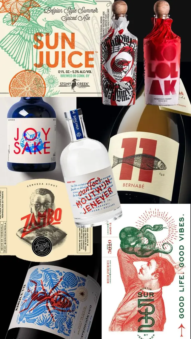 Collage of craft beverage label designs — beer, sake, wine, spirits