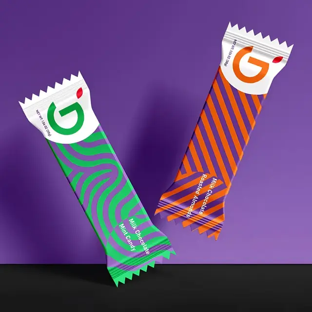 Two slim candy-bar wrapper mockups with bold patterns and 'G' logo