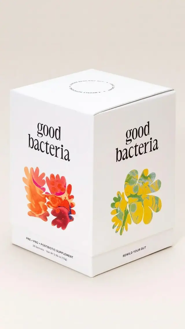 Good Bacteria — white supplement box with botanical watercolor graphics
