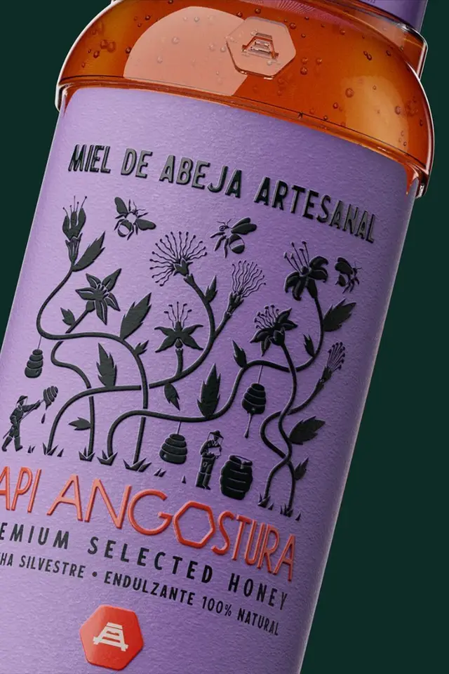 Artisanal honey bottle with embossed purple label — API ANGOSTURA