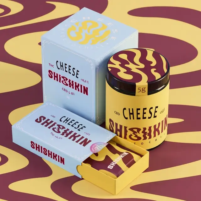 Shishkin “Cheese” CBD/THC packaging — 5g yellow jar with pale-blue slide box