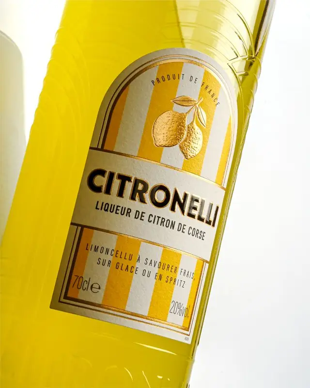 Citronelli limoncello bottle — yellow striped label, 70 cl, 20% vol