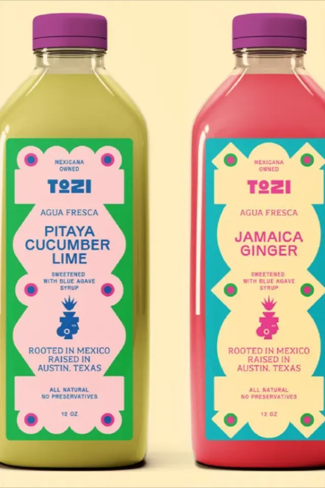 TOZI Agua Fresca bottles — Pitaya Cucumber Lime & Jamaica Ginger label mockups