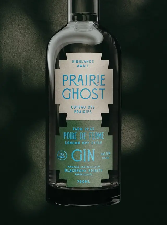 Prairie Ghost Farm Pear Gin — stepped label on dark glass bottle