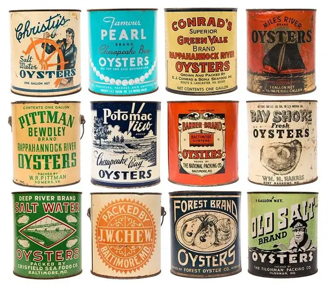 Grid of 12 vintage oyster tin cans with illustrated labels