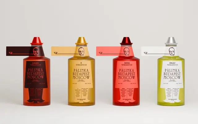 Color-coded pálinka bottles with hang-tag packaging — PÁLINKA BUDAPEST MOSCOW