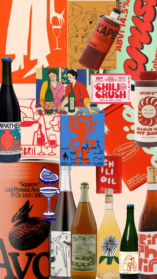 Orange-red collage of craft wine bottles, hot sauce and oil label art
