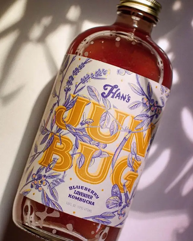 Blueberry Lavender Kombucha — 'Han's Jun Bug' illustrated glass bottle