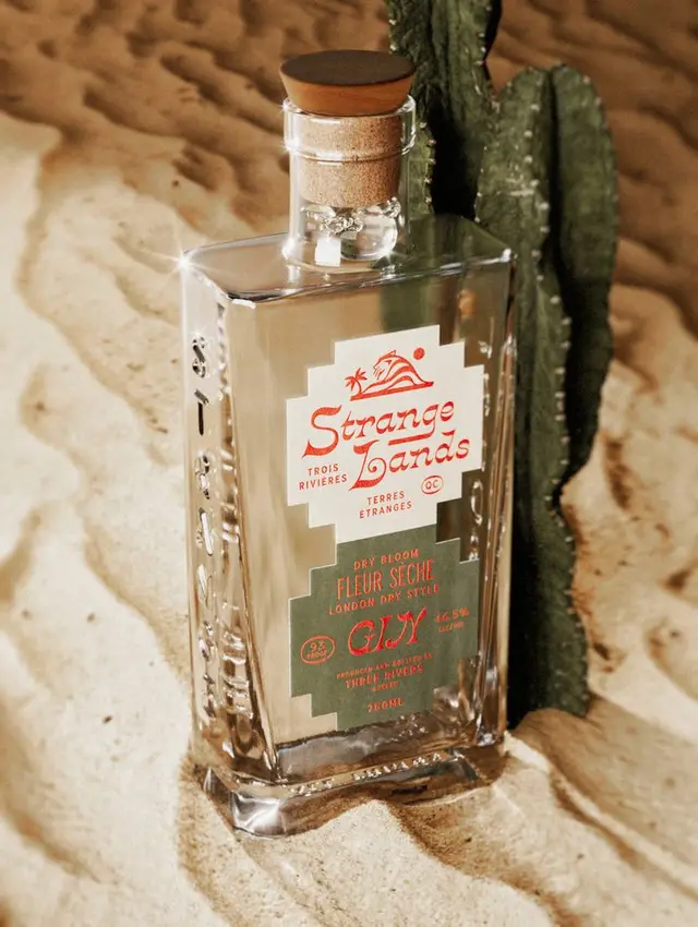 Strange Lands gin bottle in sandy desert set with cactus