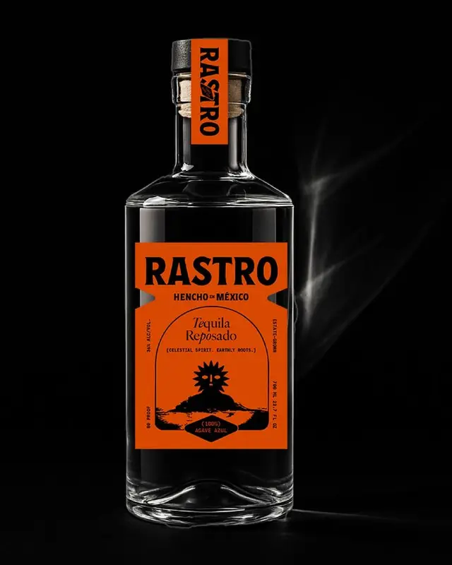 RASTRO Tequila Reposado — clear glass bottle with bright orange label