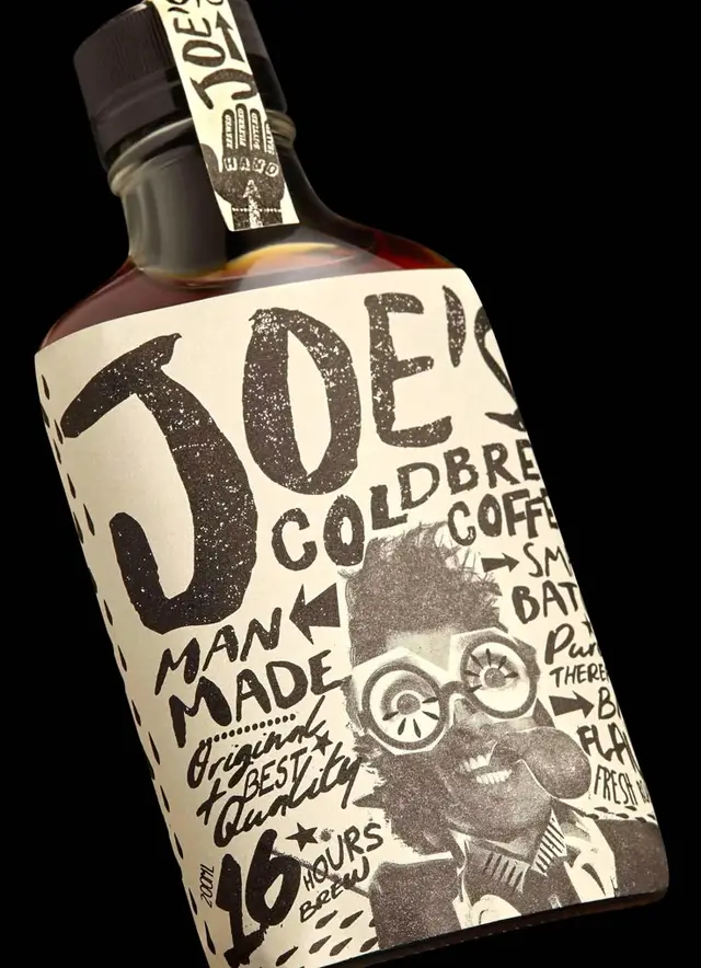 Joe's Cold Brew Coffee — Black & White Hand‑Lettered Bottle Label