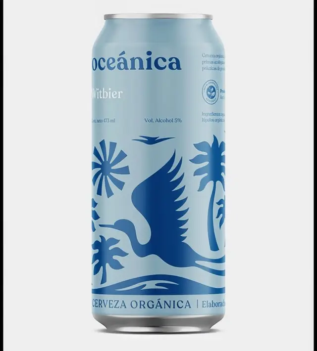 Océanica Witbier — light blue organic beer can packaging