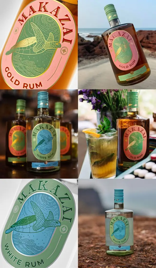 MAKAZAI rum — sea‑turtle oval label in gold & teal packaging