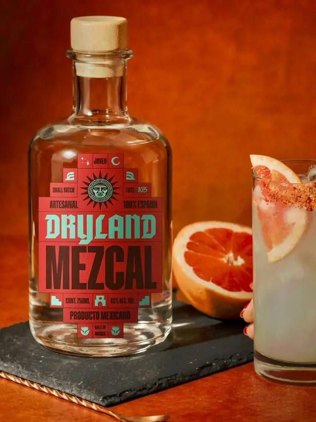 Dryland Mezcal bottle with grapefruit cocktail on slate