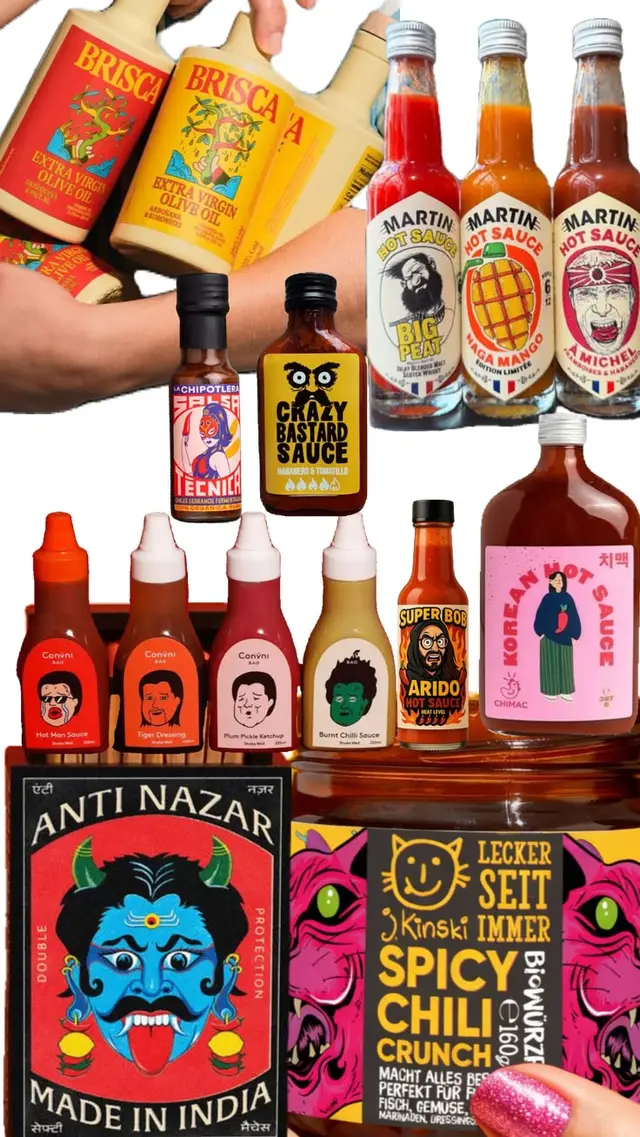 Collage of international hot sauce and condiment labels (Brisca, Martin's, Crazy Bastard,