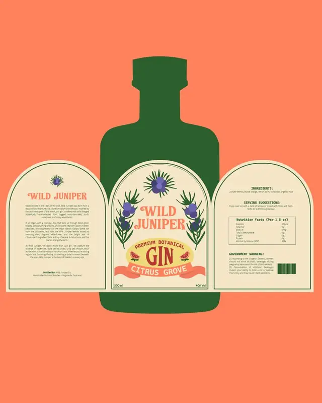 Wild Juniper Gin — vintage three-panel botanical label on green bottle