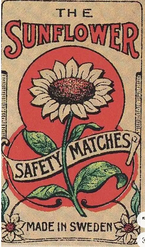 Vintage "The Sunflower" safety matches label — Made in Sweden