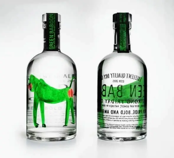 Clear spirit bottles with green baboon illustration — front and back packaging shot
