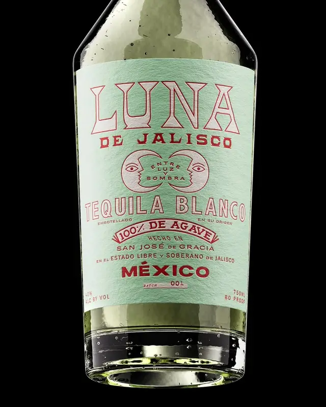 Luna de Jalisco Tequila Blanco — mint label, red typography