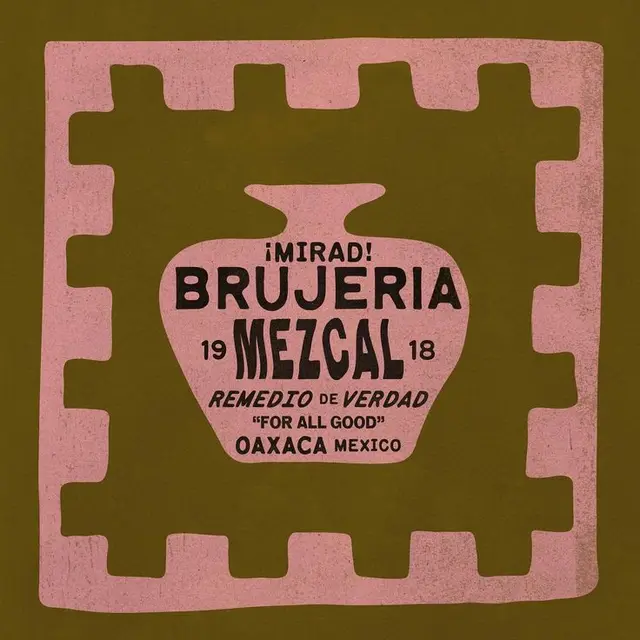 Brujería Mezcal label — vintage Oaxaca apothecary poster (pink on olive)