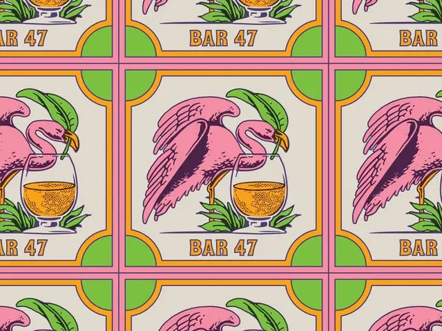Repeat Tile Illustration: Pink Flamingo with Cocktail - "BAR 47"