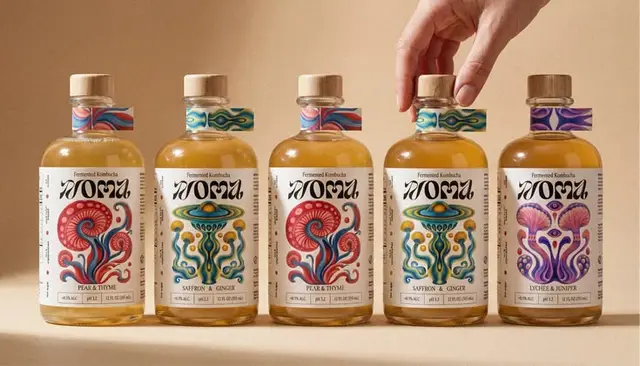 Artisan kombucha bottles with illustrated labels