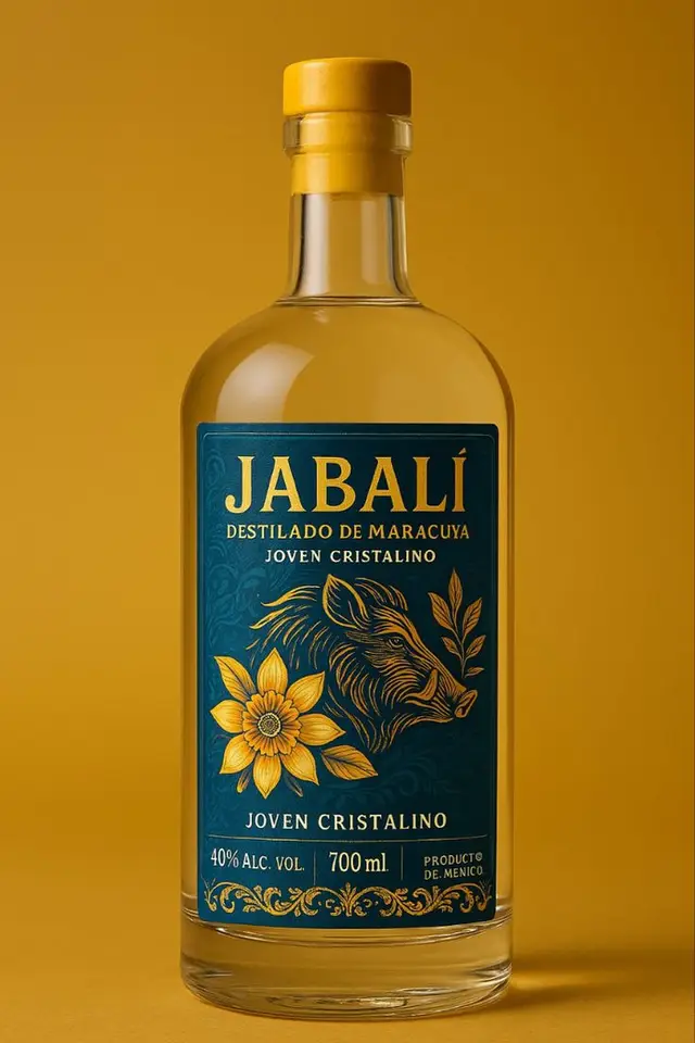 JABALÍ maracuyá spirit — teal label, gold boar illustration