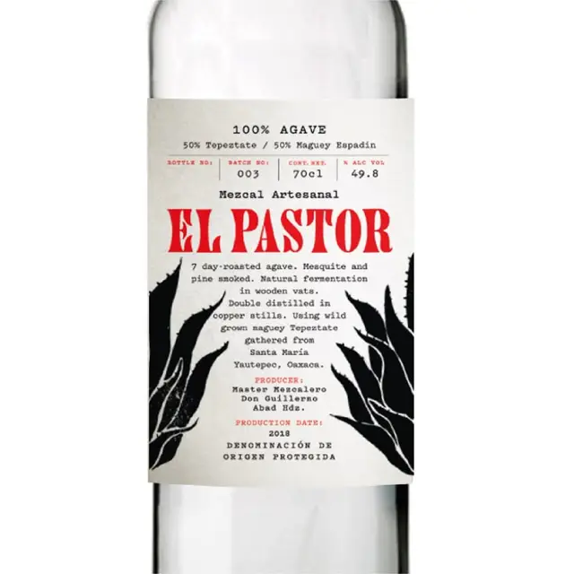 EL PASTOR mezcal bottle label — red headline, black agave illustrations