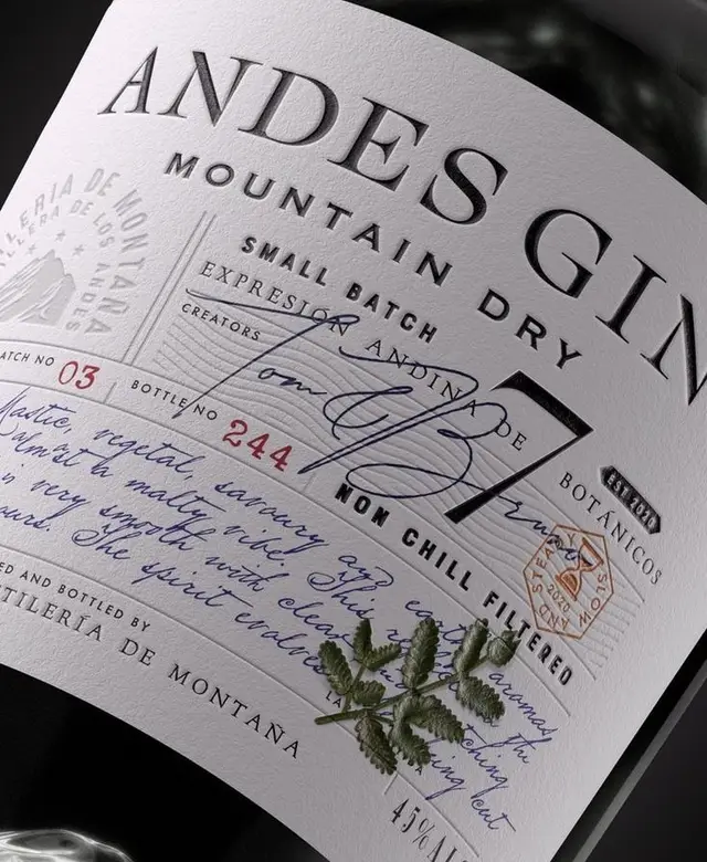 Andes Gin — embossed letterpress bottle label, small-batch mountain dry
