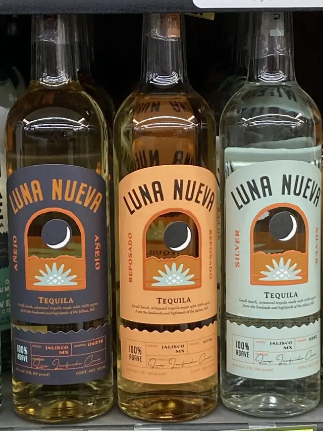 Luna Nueva tequila bottles — Añejo, Reposado, Silver (retail shelf)
